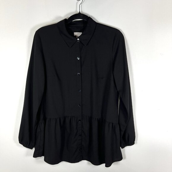 LOGO by Lori Goldstein Solid Black Button Up Blouse Size Small Ruffle Bottom - Picture 1 of 8